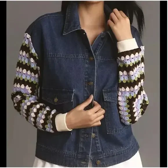 Anthropologie Crochet Sleeve Denim Jacket S NWOT Blue Purple Green Boho Western
